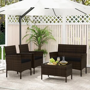 4 Piece Patio Rattan Conversation Set Outdoor Wicker Furniture Set w/ Chair