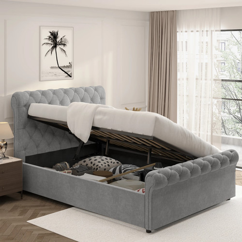 Velvet Chesterfield Bed Frame with Side Lift Storage Single Double ...