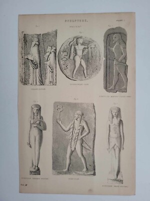 Antiker Druck datiert 1877 Skulptur altägyptisch postdonisch Münze etruskisch
