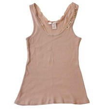Rebecca Taylor Light Pink Rib Knit Lace Trim Floral Neck Detail Tank Top Size M