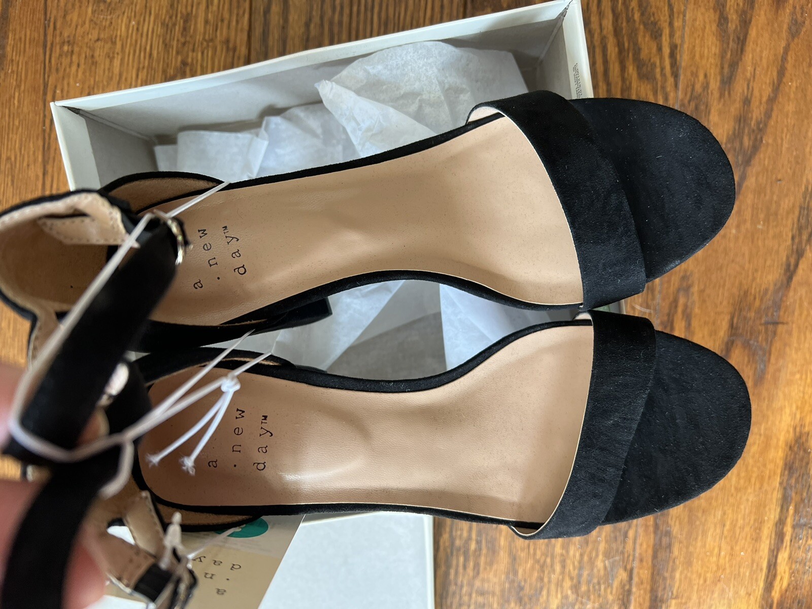 A New Day Ema 8W Wide Width Block High Heels Strappy Black Sandals