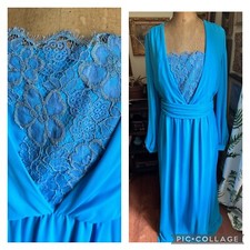 VTG 70s Teal Chiffon Evening Gown Long Sleeve Belted Maxi Hollywood Modest