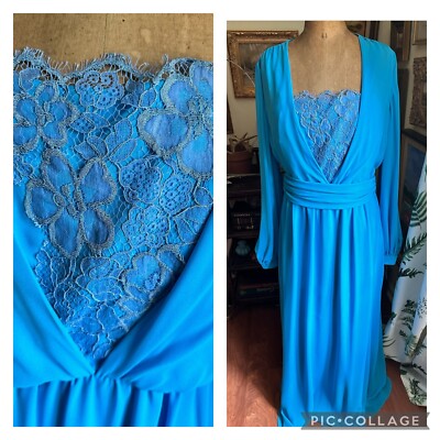 VTG 70s Teal Chiffon Evening Gown Long Sleeve Belted Maxi Hollywood Modest  | eBay