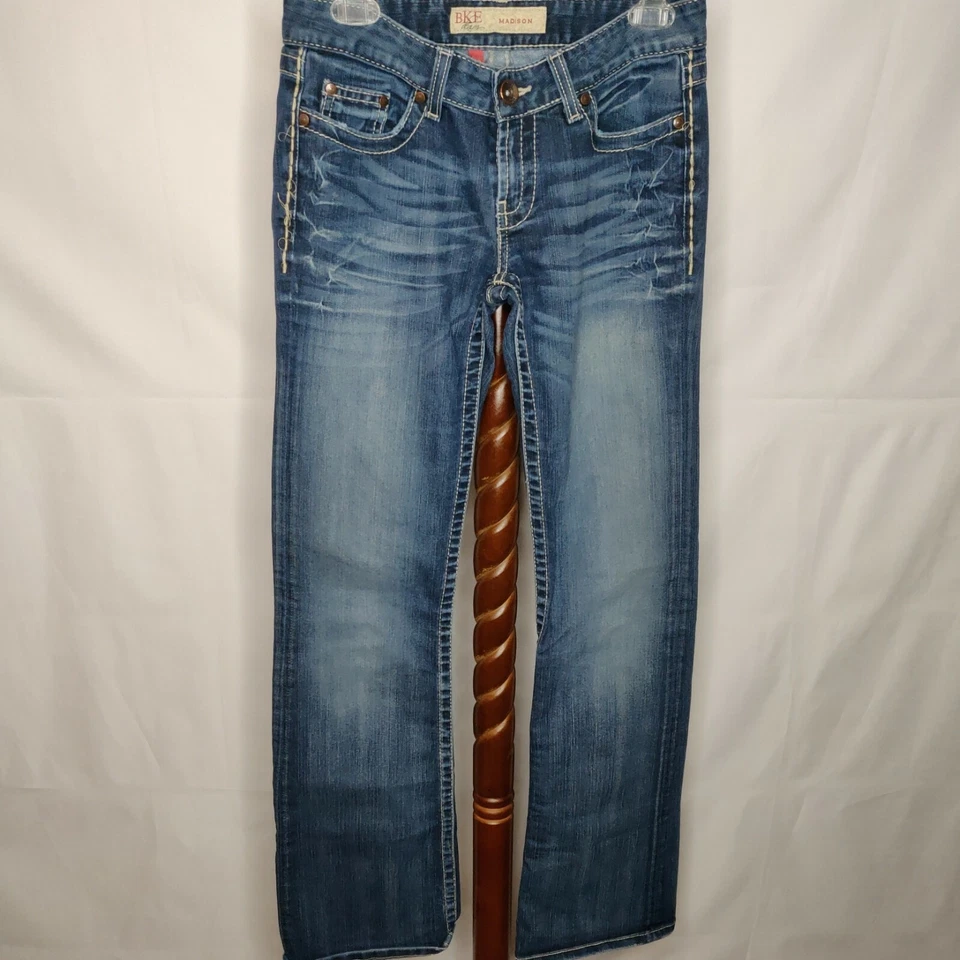 BKE Madison Mujer Talla 28 x 35.5 Vaqueros Desgastados Lavado Oscuro Cremallera Bootcut Foto 2 de 4