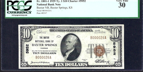 🇺🇸 KS 1929 $10 ♚♚ BAXTER SPRINGS, KANSAS ♚♚ PCGS VERY FINE 30 BOLD COLOR - Picture 2 of 3