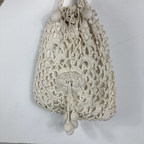 Antique Reticule Crochet Drawstring Miser Purse White Lined Puffy Tassels Poms - Picture 7 of 14