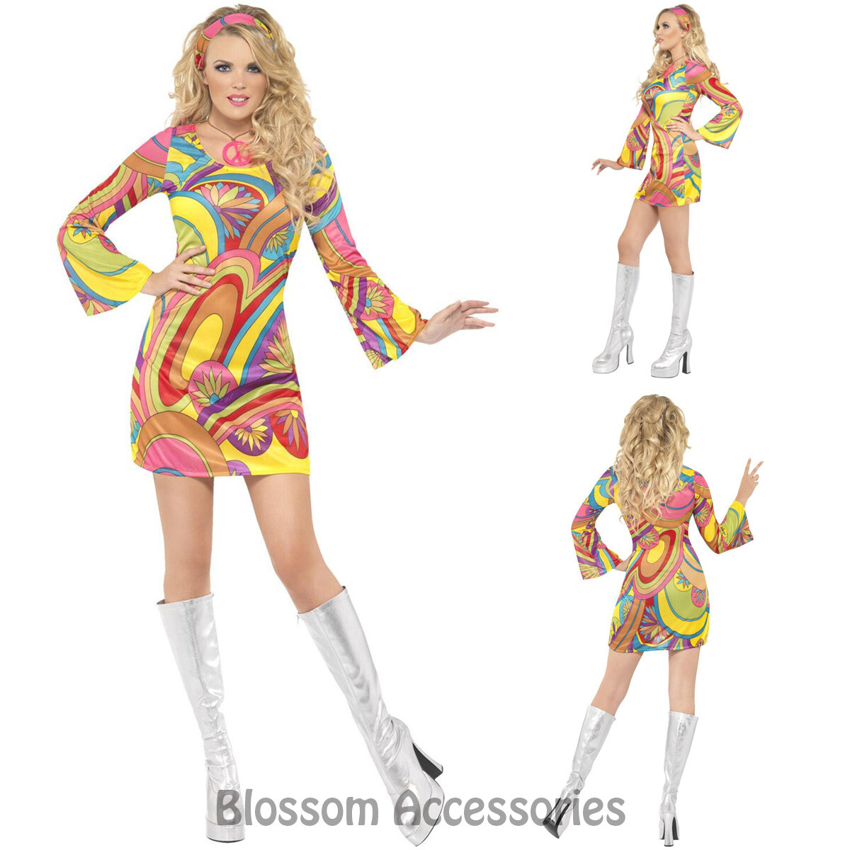 S CL462 Flower Power 60s 70s Go-Go Retro Hippie Disco Dress Costume For Women Hippie Costume - Foto 6