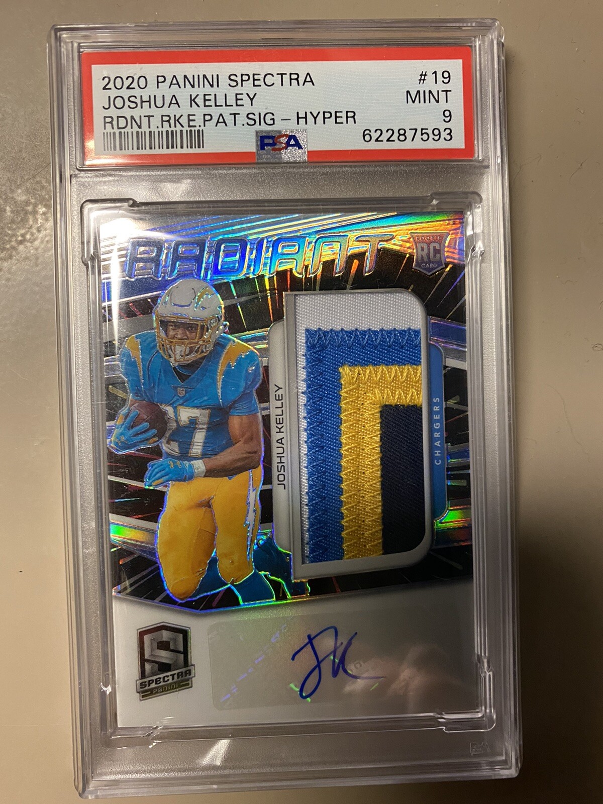 Joshua Kelley Panini Spectra Radiant Rookie Patch Signatures #19 Hyper