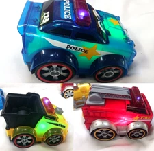 BB JUNIOR PUSH AND GLOW FIRE TRUCK POLICE CAR AND DUMP TRUCK LIGHTS AND SOUNDS
