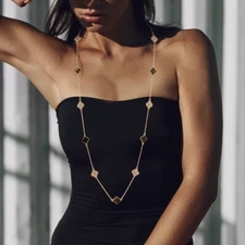 Quatrefoil Station Long Necklace Gold Plated Dainty Layering Jewelry for Women