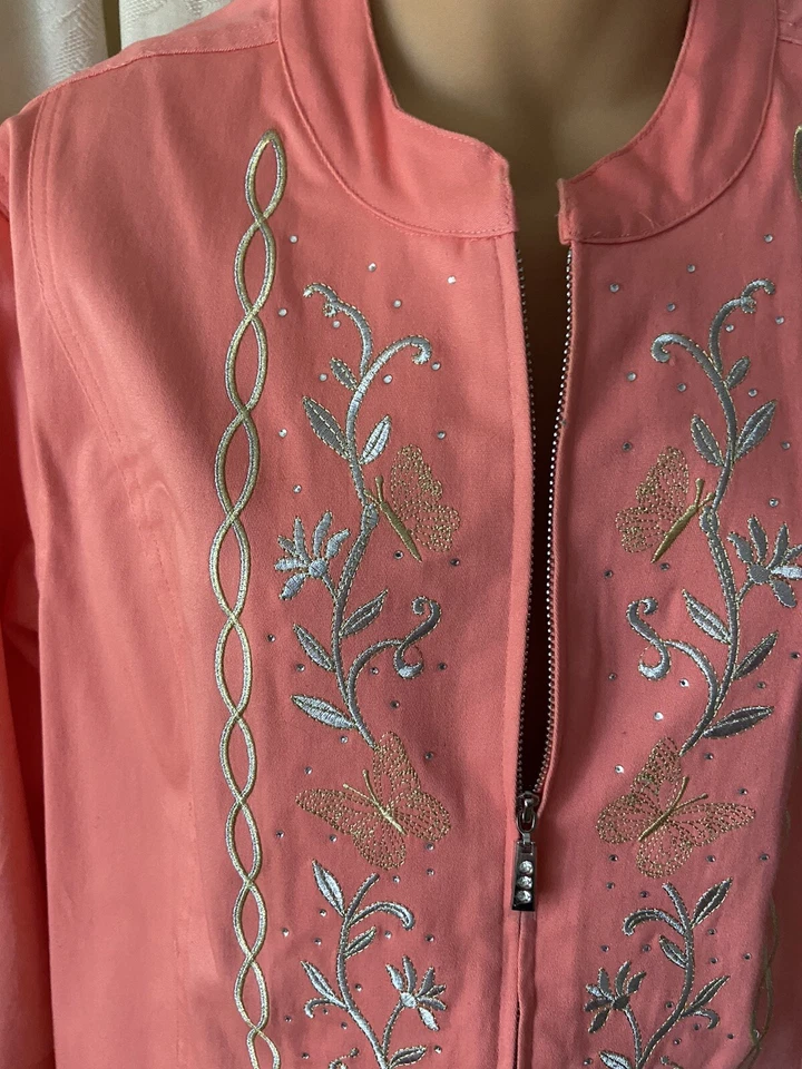 Quacker Factory Womens Jacket XL Coral  Butterfly Embroidered Career Zip Pockets - Image 3 of 4