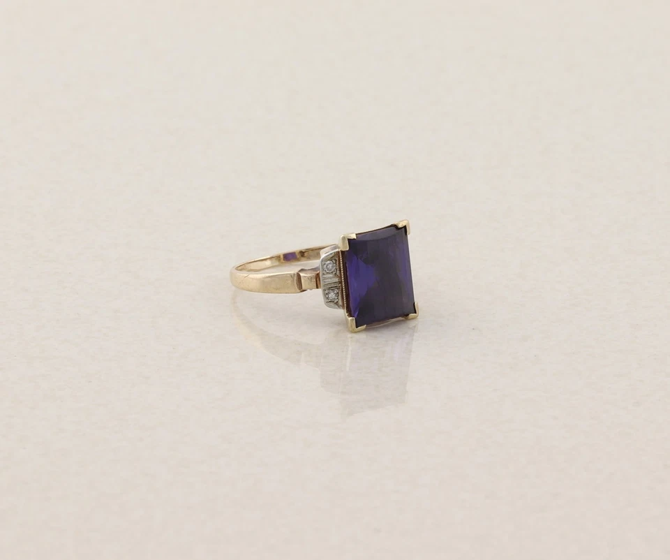 10k Yellow Gold Lab Created Purple Sapphire and Diamond Ring Size 6 1/4 Art Deco - Image 3 of 4