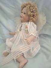 Baby Girl Doll Blue Eyes Blonde Curly Hair Cloth Body White Lace Dress