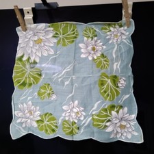 VTG Linen Handkerchief With A Water Lily Print And Light Blue Background