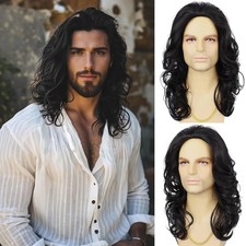 Mens Wig Long Curly Wavy Black Wigs for Men Heat Resistant Synthetic Male Wig fo