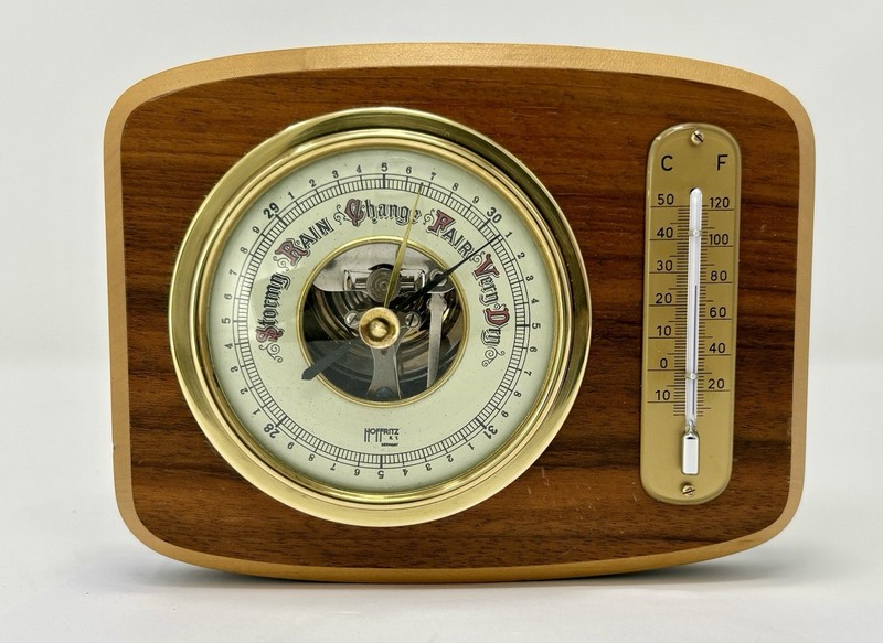 Vintage MCM Wooden Hoffritz N.Y., Germany Weather Station Barometer /Thermometer