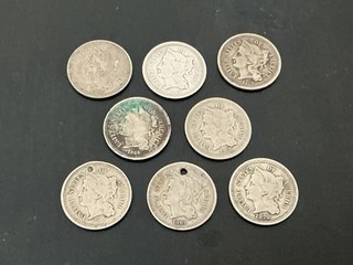 Eight. 3 Cent. Nickels various dates.