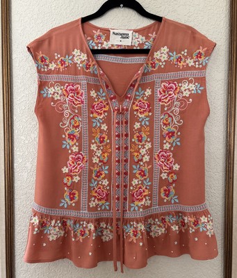 Savanna Jane Top Was Short Sleeve Coral Floral Embroidered Boho Peasant Sz M