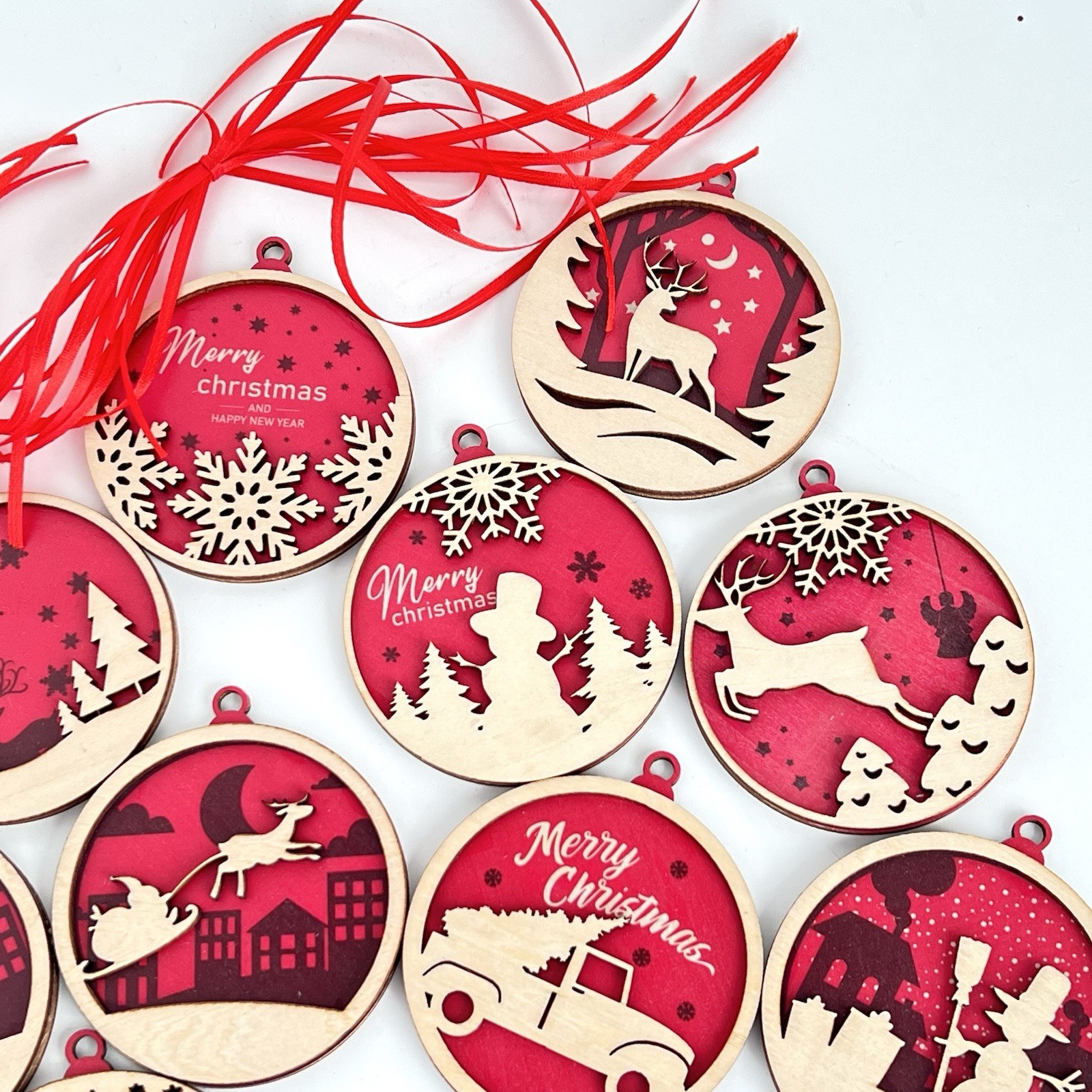 Laser Cut Wooden Christmas Ornaments 12 Pieces Round & Red Country ...