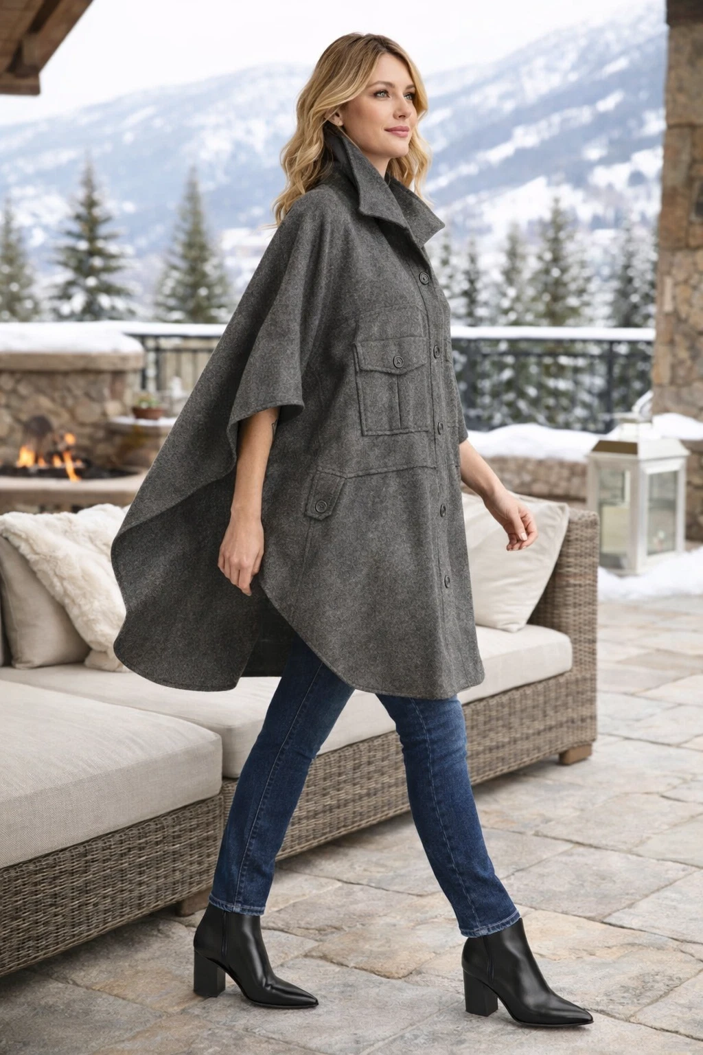 Mark Up California Wool Silk Poncho Cape Gray Button Front USA Made OS Oversized