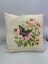 Embroidered Floral Pink Cone Flowers Butterfly Decorative Pillow 17" x 17"