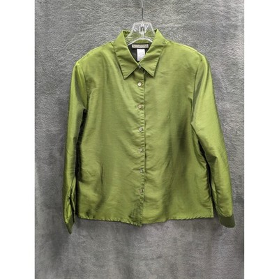 Metallic Green Button Up Shirt Womens Medium Minimalist Office Business Casual