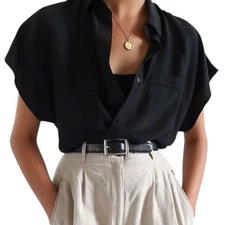 Pleione Crepe Cap Sleeve Button Down Top M Black