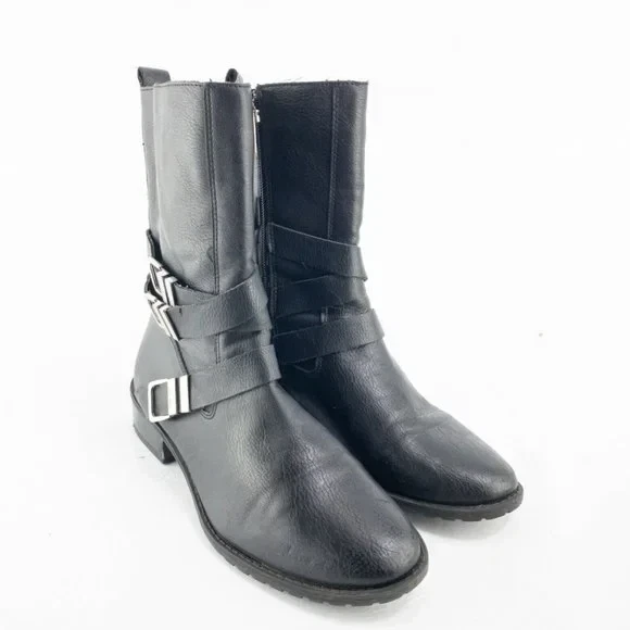Calvin Klein Boots Women’s 7.5M Black Rochelle Mid-Calf Side Zip Buckle Straps - Image 2 of 4