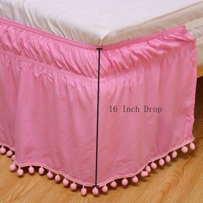Elastic Bed Skirt 16 Inch Drop Dust Ruffle Bedding Pom Pom Fringe Queen
