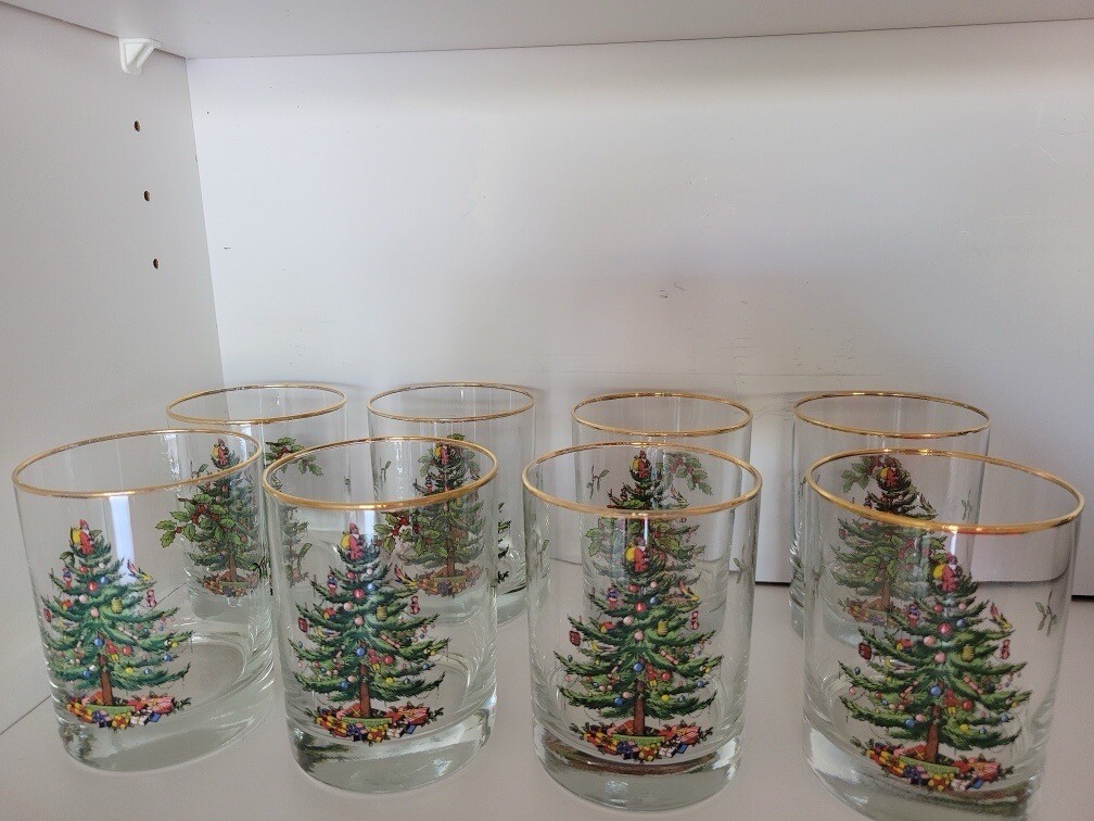 Spode Christmas Tree 19 Ounce Stemless Wine Glasses, Set of 8,22 Karat Gold  Rim