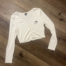 NWOT Shein x Hello Kitty White Ribbed Cropped Button Down Sweater Size L CUTE