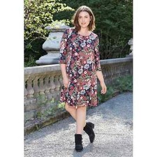 ELLOS 3/4 Sleeve Scoop Neck Casual Knee Length Knit Dress L 18 - 20 Black Floral