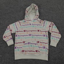 Champion Hoodie Youth Girls Extra Large Sweatshirt White All Over Print Script