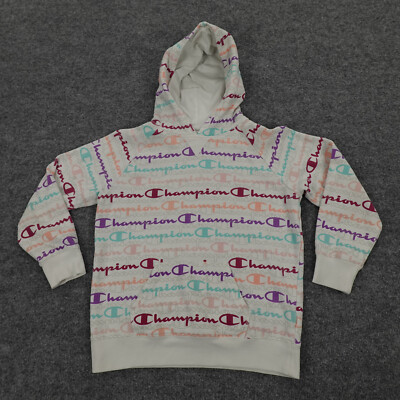 Champion Hoodie Youth Girls Extra Large Sweatshirt White All Over Print  Script