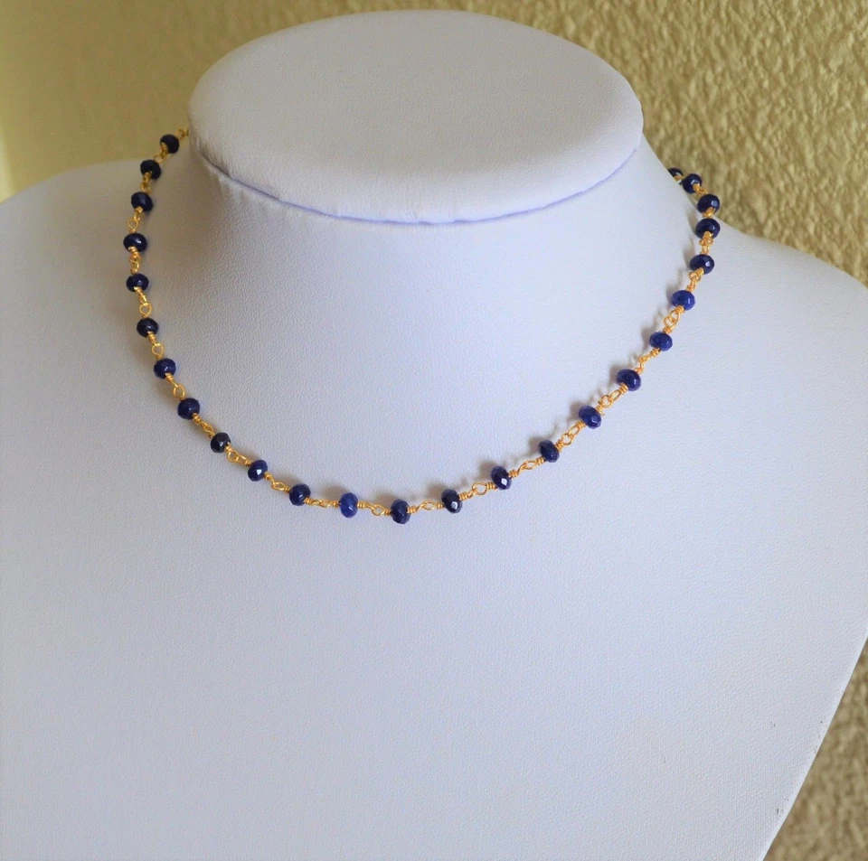 Precioso collar gargantilla de oro amarillo con zafiro azul facetado genuino hecho a mano Foto 4 de 4