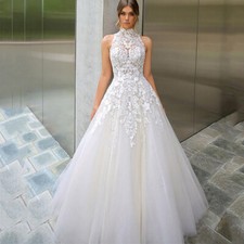 High Neck Sleeveless Wedding Dresses Lace Appliques Illusion Back Bridal Gowns