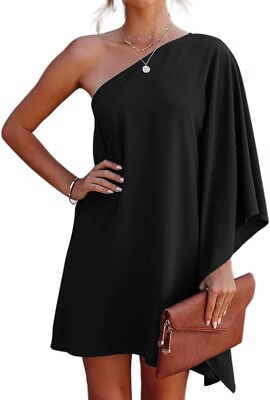 Women's Sexy One Shoulder Casual Solid Color Club Party Mini Short Black  Dress | eBay