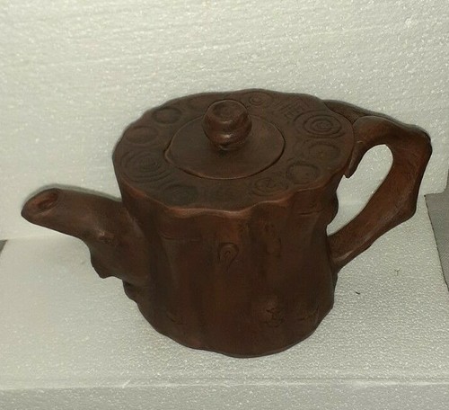 Vintage Authentic 1970s Clay Teapot Tree Stump Artist Marks on Lid & Base - Picture 2 of 11