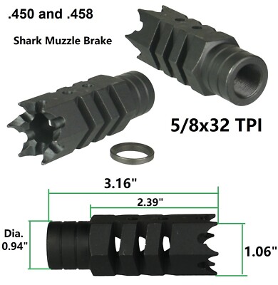 Shark .450 and .458 Socom Muzzle Brake Compensator 5/8x32 TPI All Steel W Washer