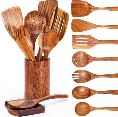 9 Piece Natural Teak Wooden Kitchen Utensil Set with Spoon Rest - Comfort