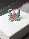 Vintage Sterling Silver 925 Navajo Turquoise Coral Inlay Butterfly Ring Sz 4.75
