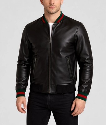 Men's Luxury Style Genuine Black Leather Jacket - Classic Varsity Bomber