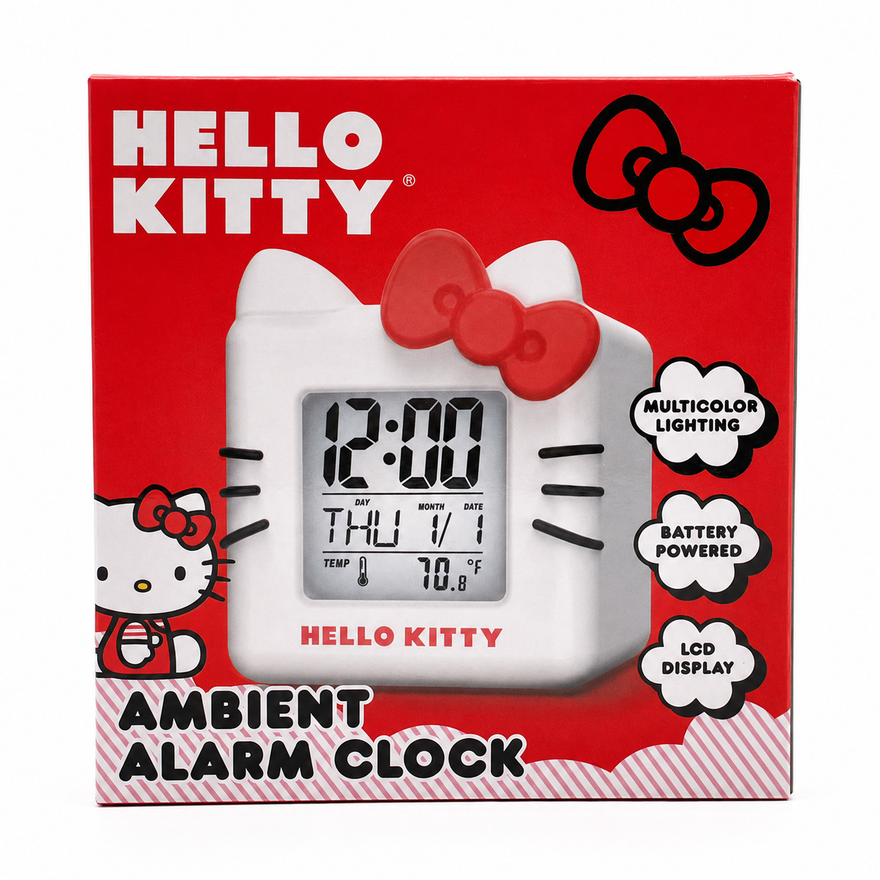 Hello Kitty White Ambient Alarm Clock LCD Multicolor Lighting Battery Powered