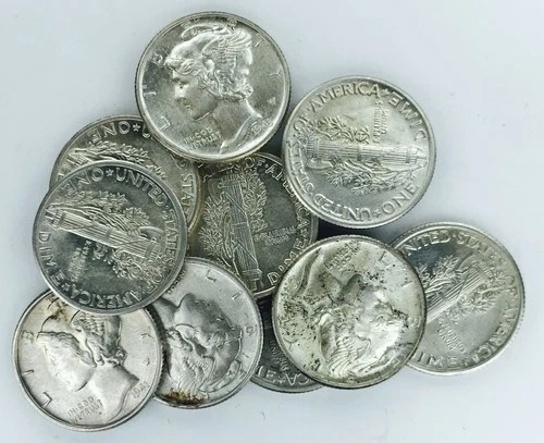 MIXED DATE MERCURY DIME LOT! MS+++! 10 TOTAL! FANTASTIC FIND! WOW! NR #P2159