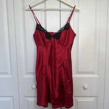 Red Satin Lace Trim Side Slit Slip Dress Size M Coquette
