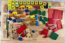 Creative Playthings Vintage Miniature Wooden Building Toy Lot And Animals 80 pc