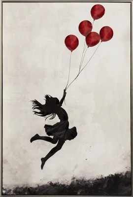 Acrylgemälde Jumping Balloon Girl 60x90 cm mit Rahmen, Mädchen mit roten Ballons - Bild 1 von 4