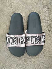 Victoria Secret pink single strap Rose Glitter bling Logo slides new L 9/10 Htf