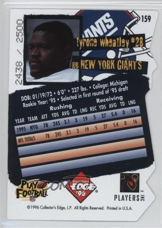 1996 Collector's Edge Die-Cut /2500 Tyrone Wheatley #159 - Image 2 of 2