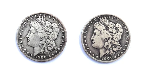 Lot of 2 Nice Morgan Silver Dollars, EF, 1900-O & 1901 -O